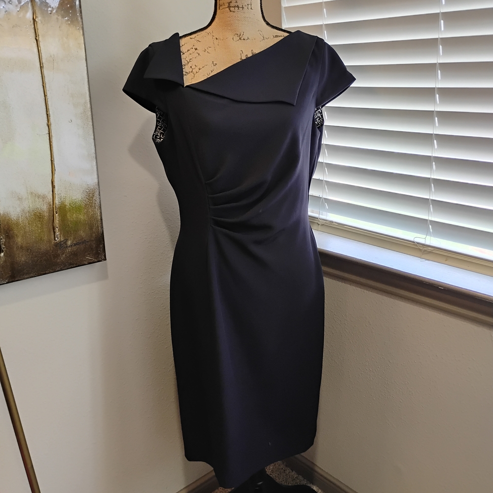 Tahari Elegant Asymmetrical Collar Navy Dress